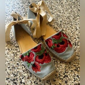Jessica Simpson Blue Floral Espadrilles with Tan Ribbon